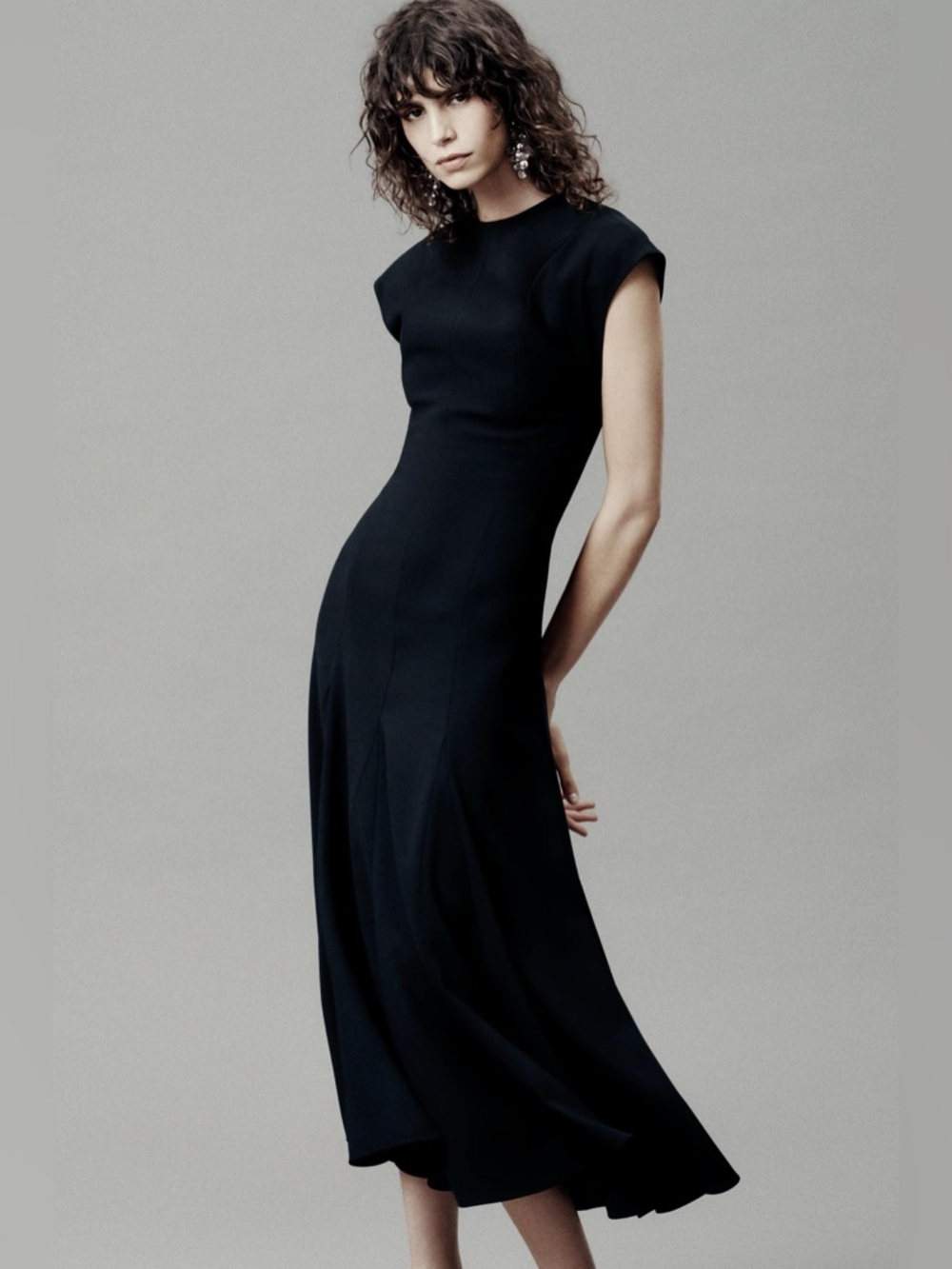 ZARA Classic Black Cap-Sleeve Midi Dress Size M NWT